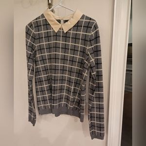 Tahari Gray Black White Plaid Ellie Sweater Blouse Large Excellent condition